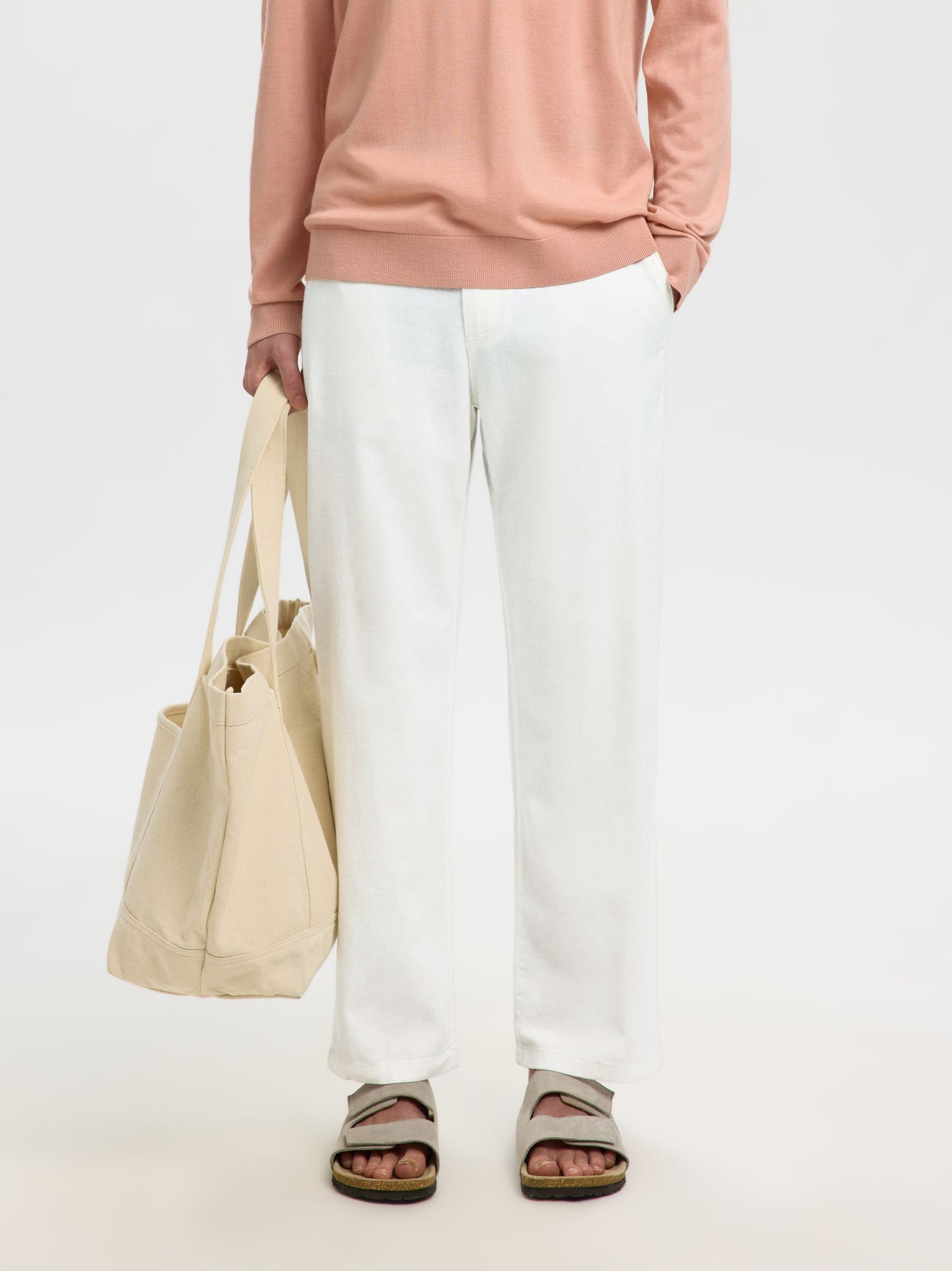 White Loose Fit Linen Blend Pants