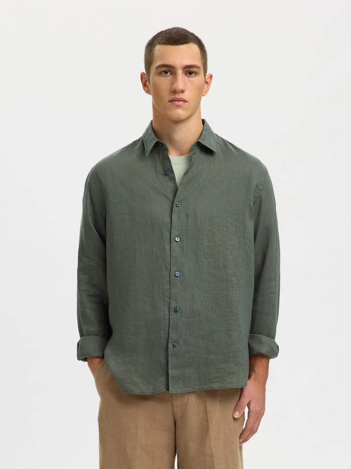 Green Linen Regular Fit Shirt