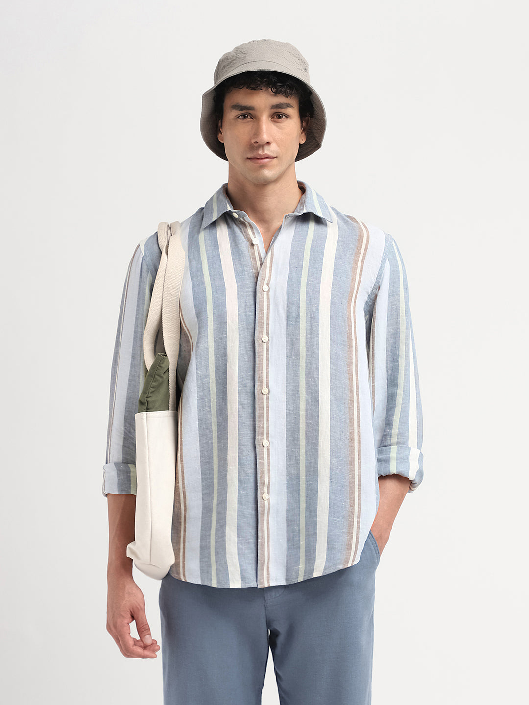 Linen Colourblocked Shirt - Blue