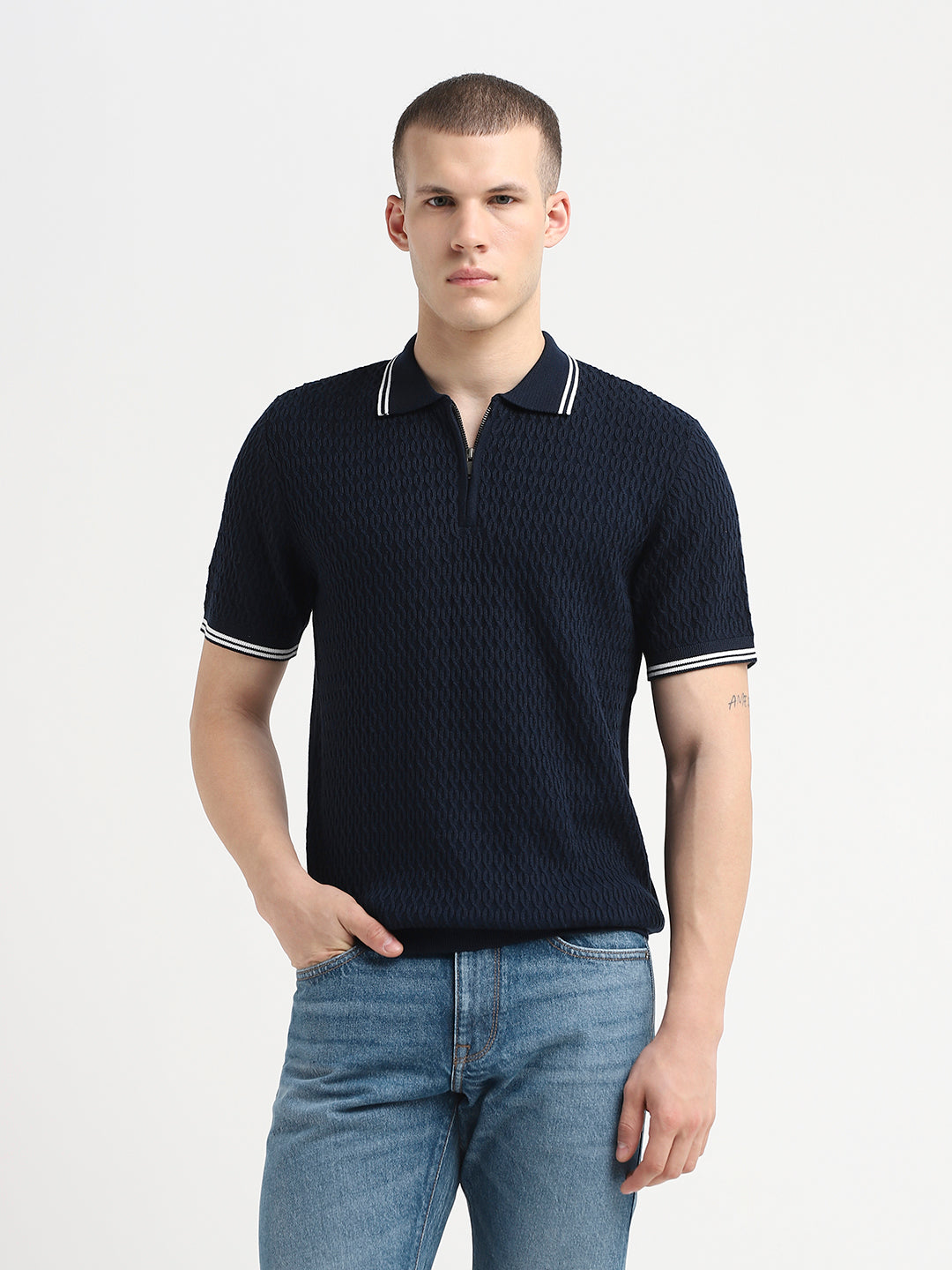 Structured Knitted Zip Polo - Blue