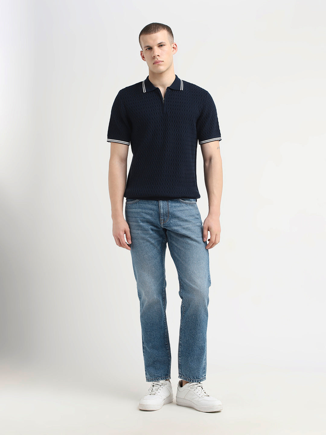 Structured Knitted Zip Polo - Blue