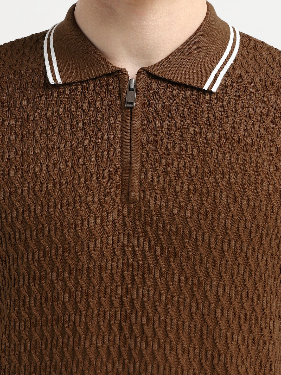 Structured Knitted Zip Polo - Brown