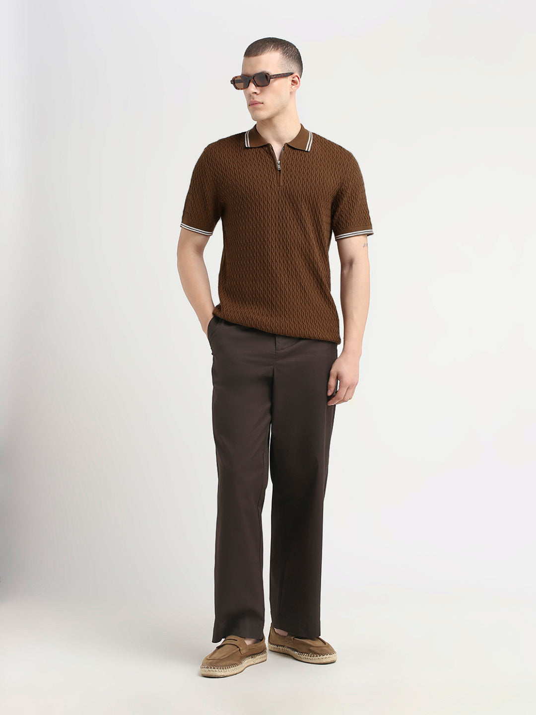 Structured Knitted Zip Polo - Brown