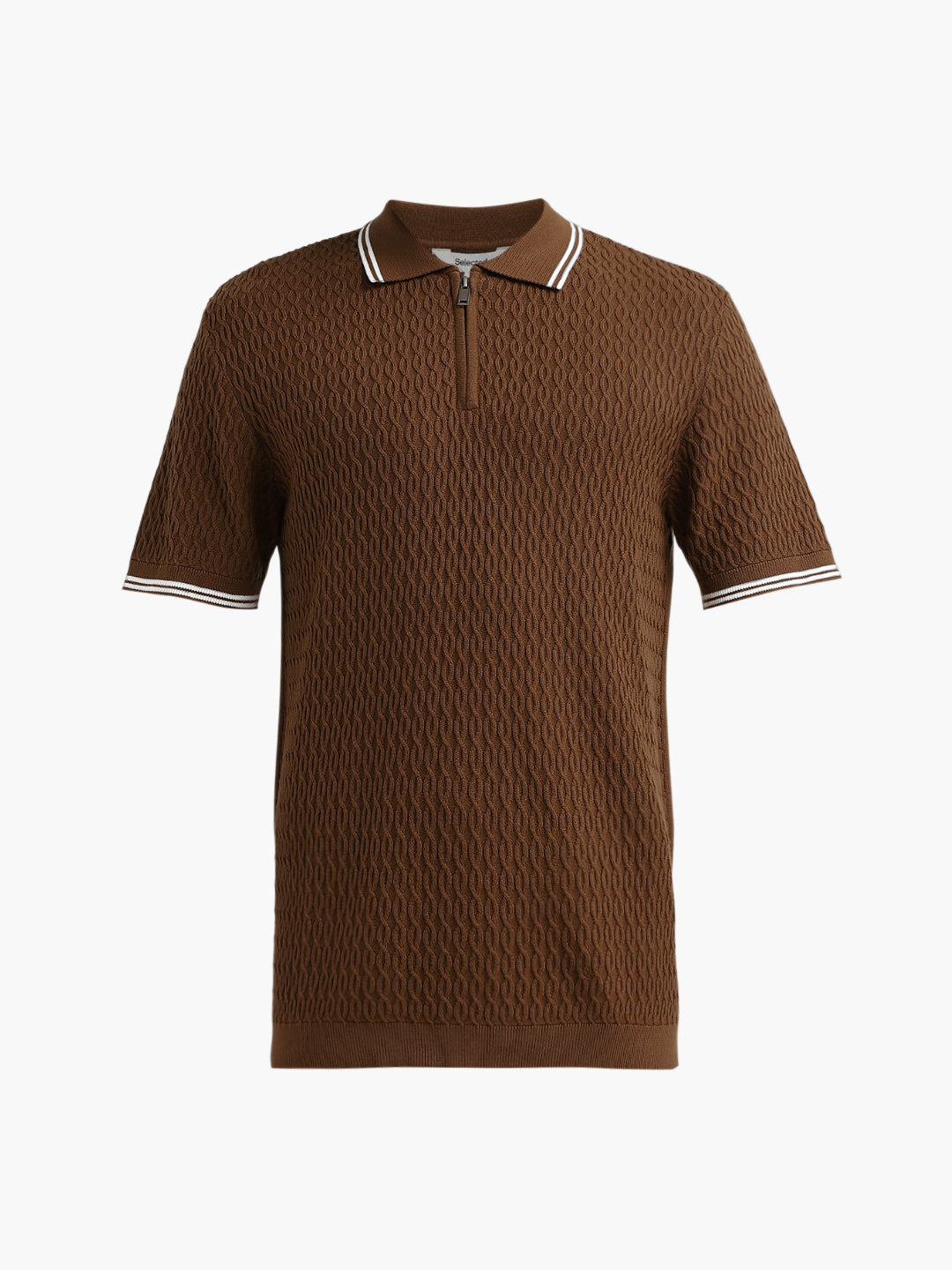 Structured Knitted Zip Polo - Brown