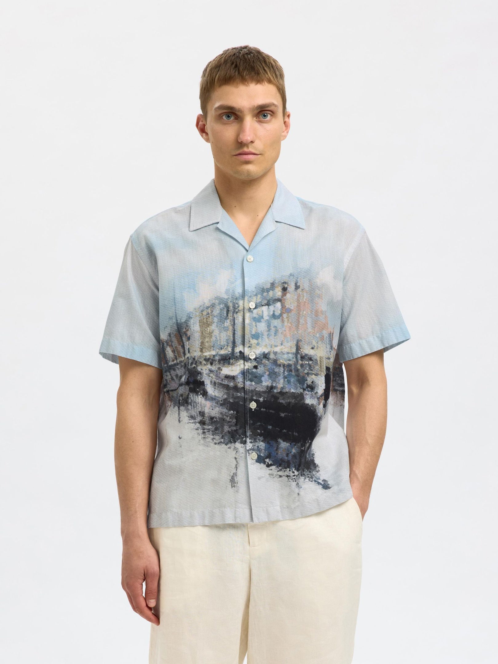 Cuban Collar Printed Shirt - Blue