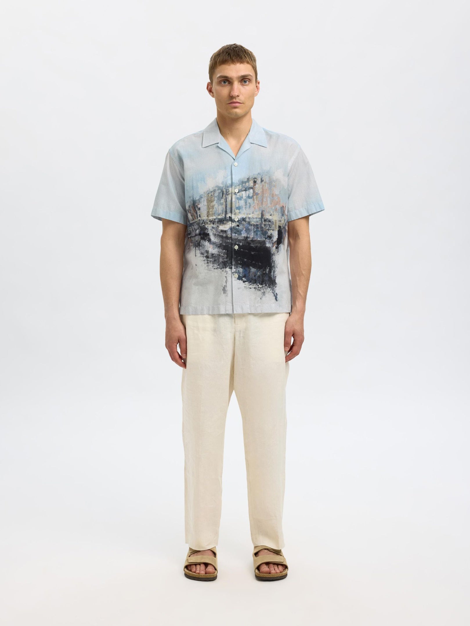 Cuban Collar Printed Shirt - Blue