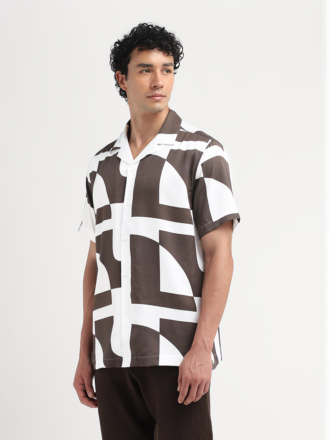 Printed Cuban Collar Shirt - Brown