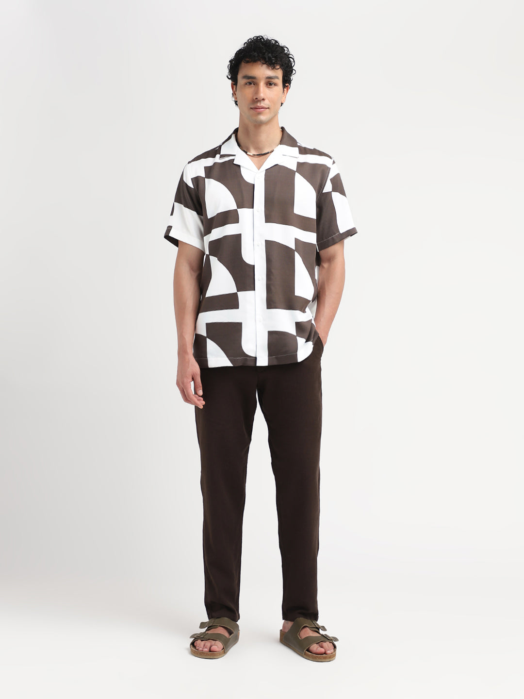 Printed Cuban Collar Shirt - Brown