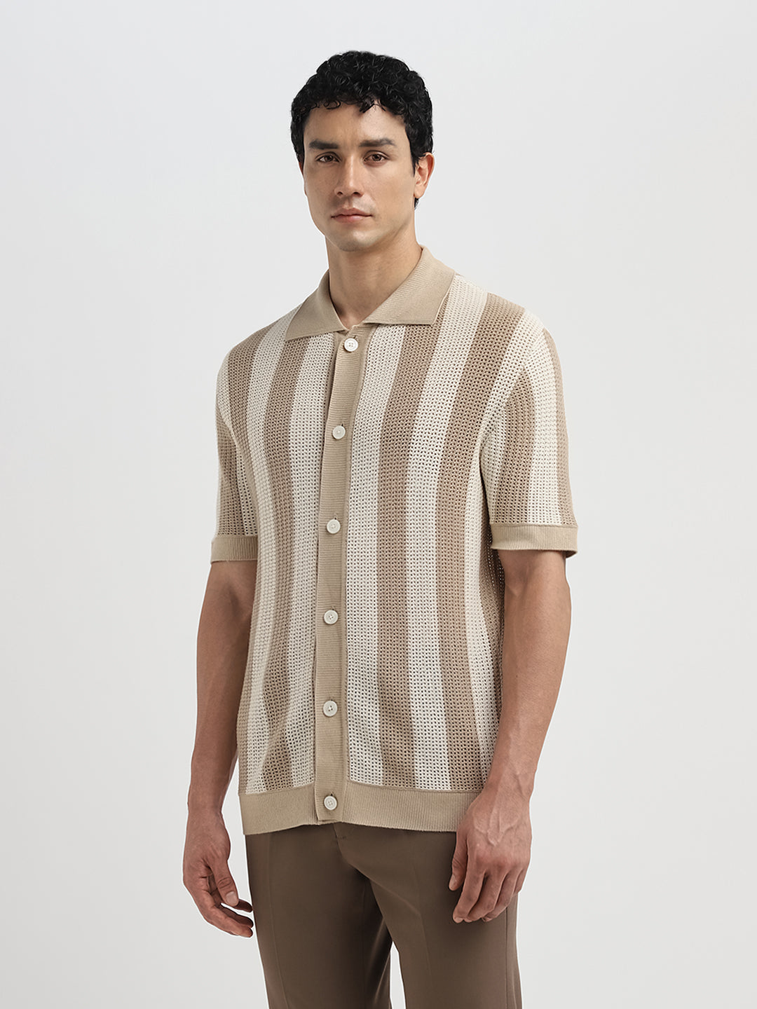 Structured Organic Cotton Polo Cardigan - Beige