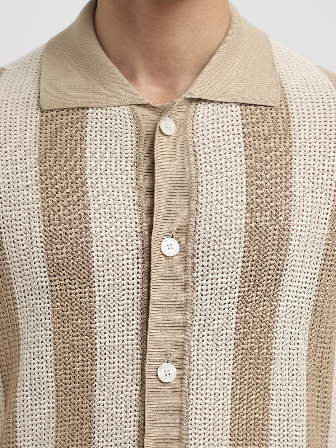 Structured Organic Cotton Polo Cardigan - Beige