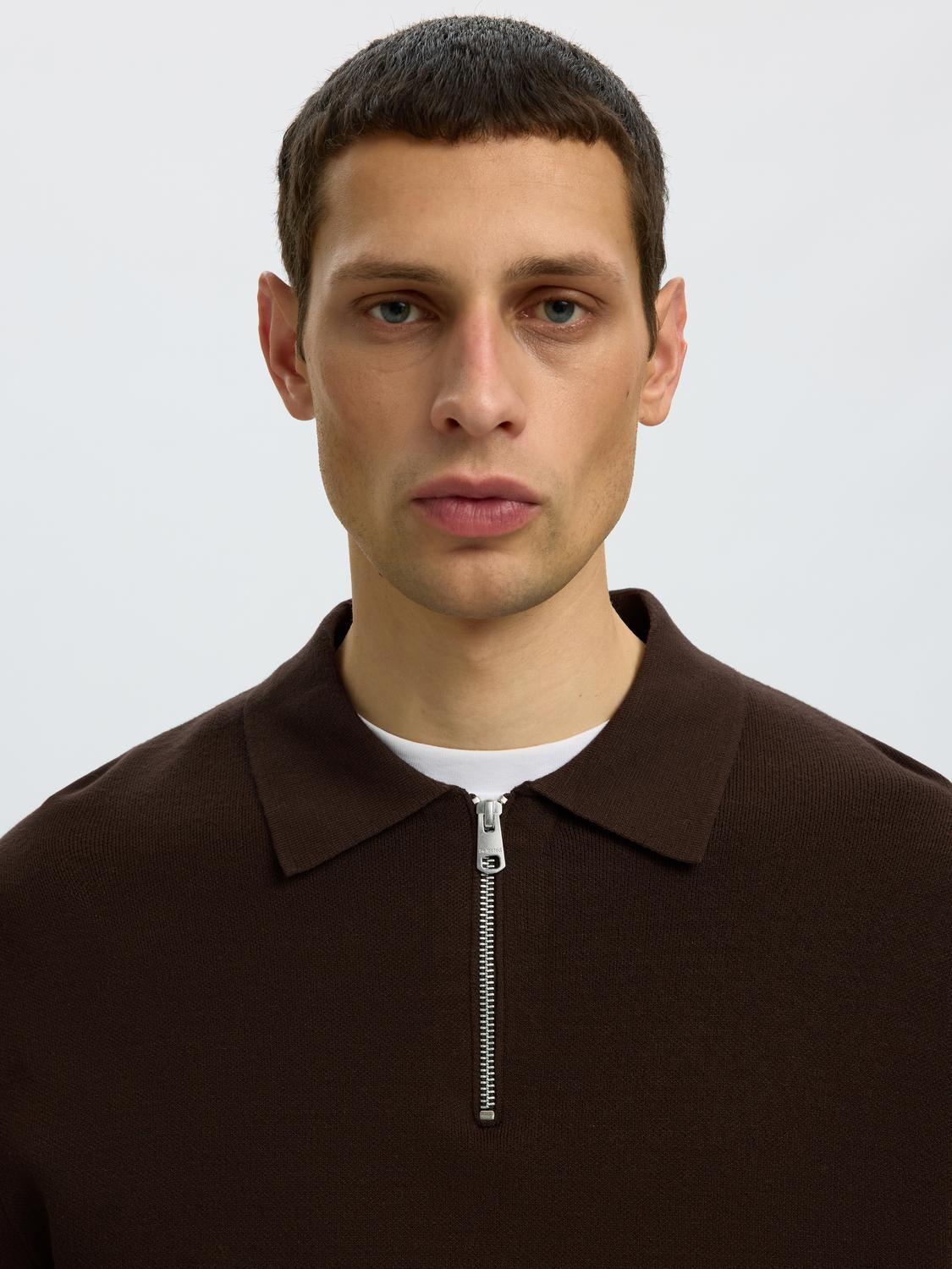 Brown Half Zip Knitted Polo