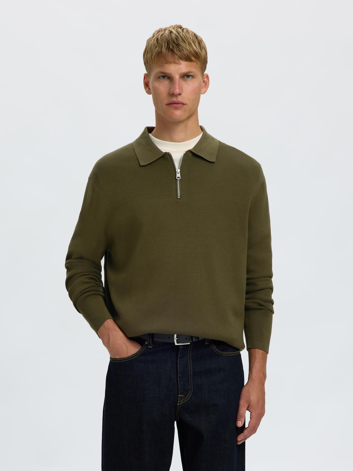 Green Half Zip Knitted Polo