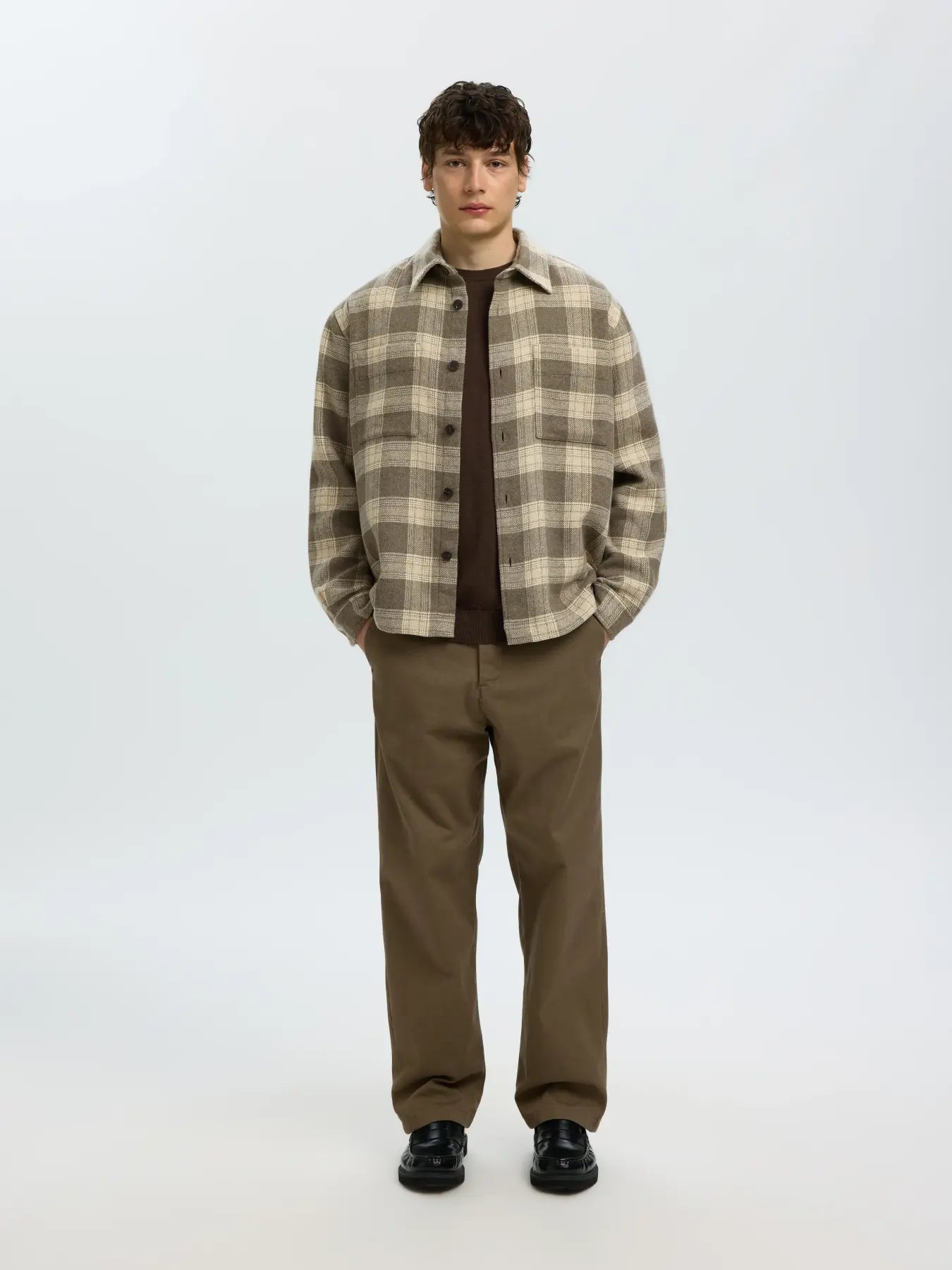 Beige Check Wool Blend Overshirt