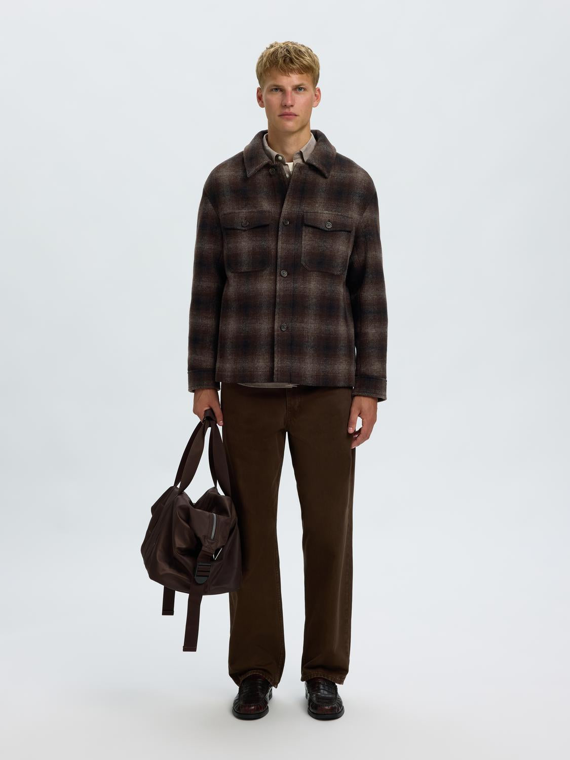 Brown Check Wool Blend Shacket