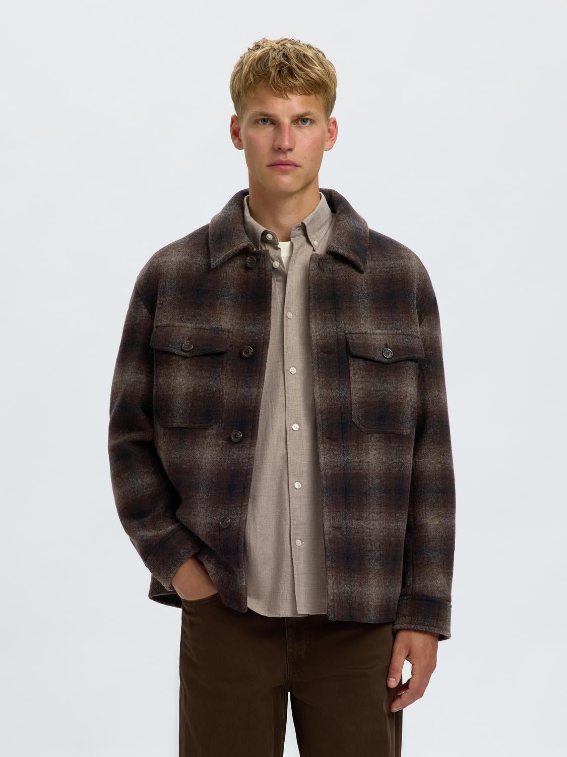 Brown Check Wool Blend Shacket