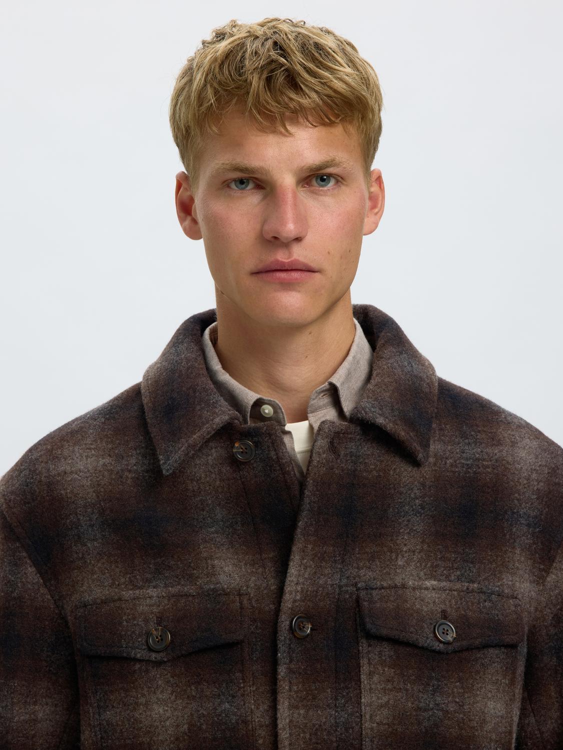 Brown Check Wool Blend Shacket