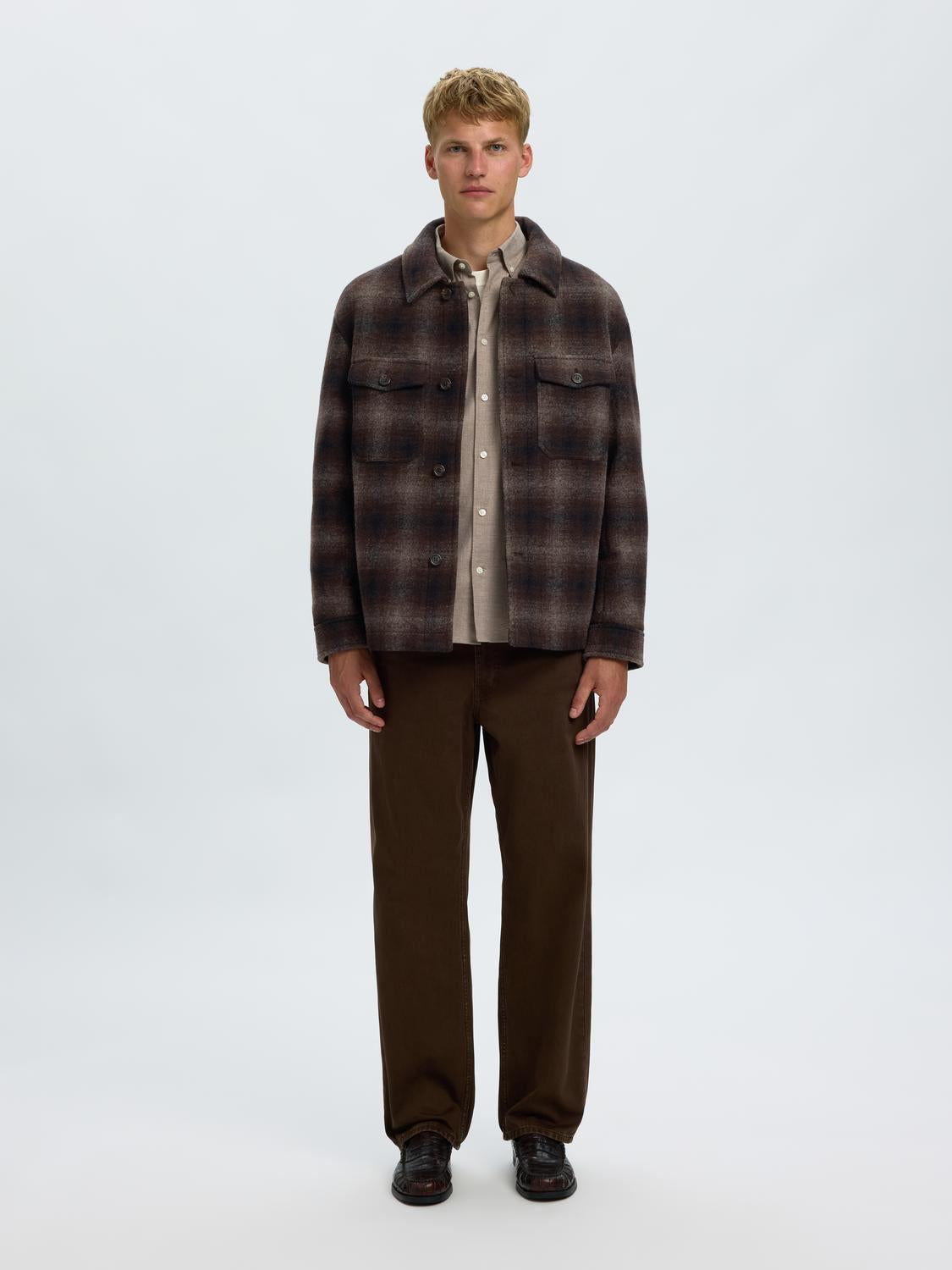 Brown Check Wool Blend Shacket