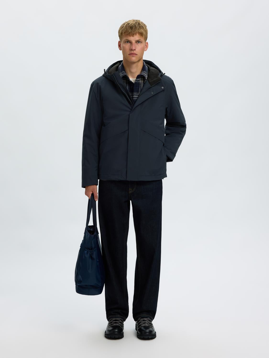 Dark Blue Hooded Tech Jacket