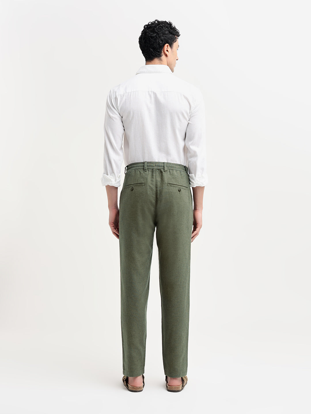 Green Linen Blend Slim Fit Pants