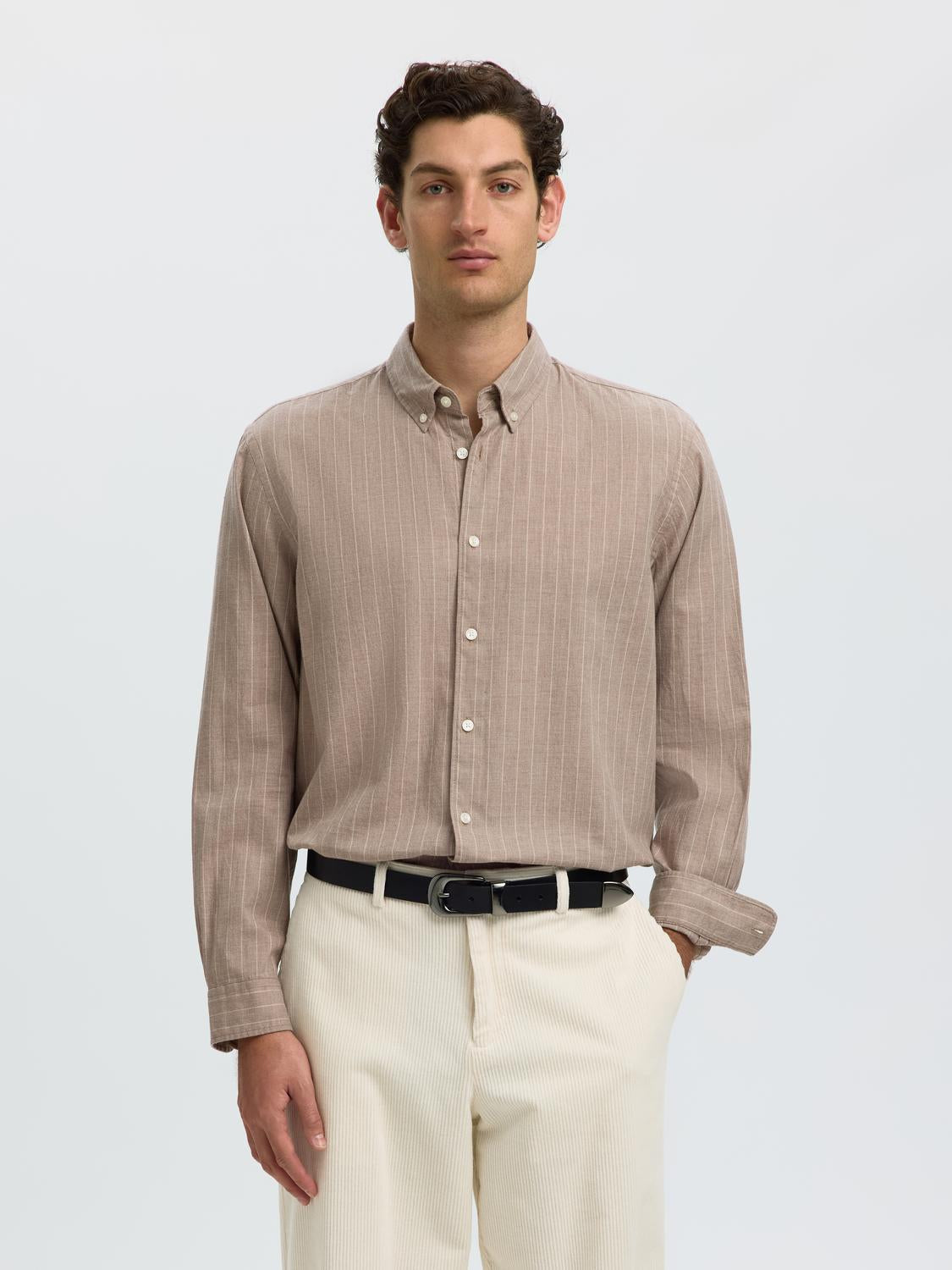 Brown Striped Button Down Regular Fit Shirt