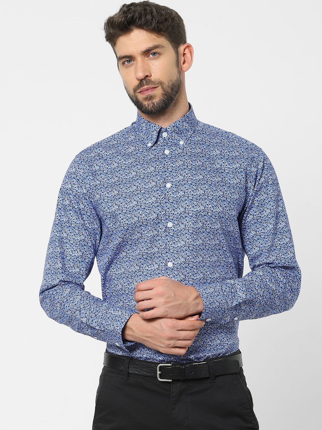 Blue Printed Organic Cotton Full Sleeves Shirt