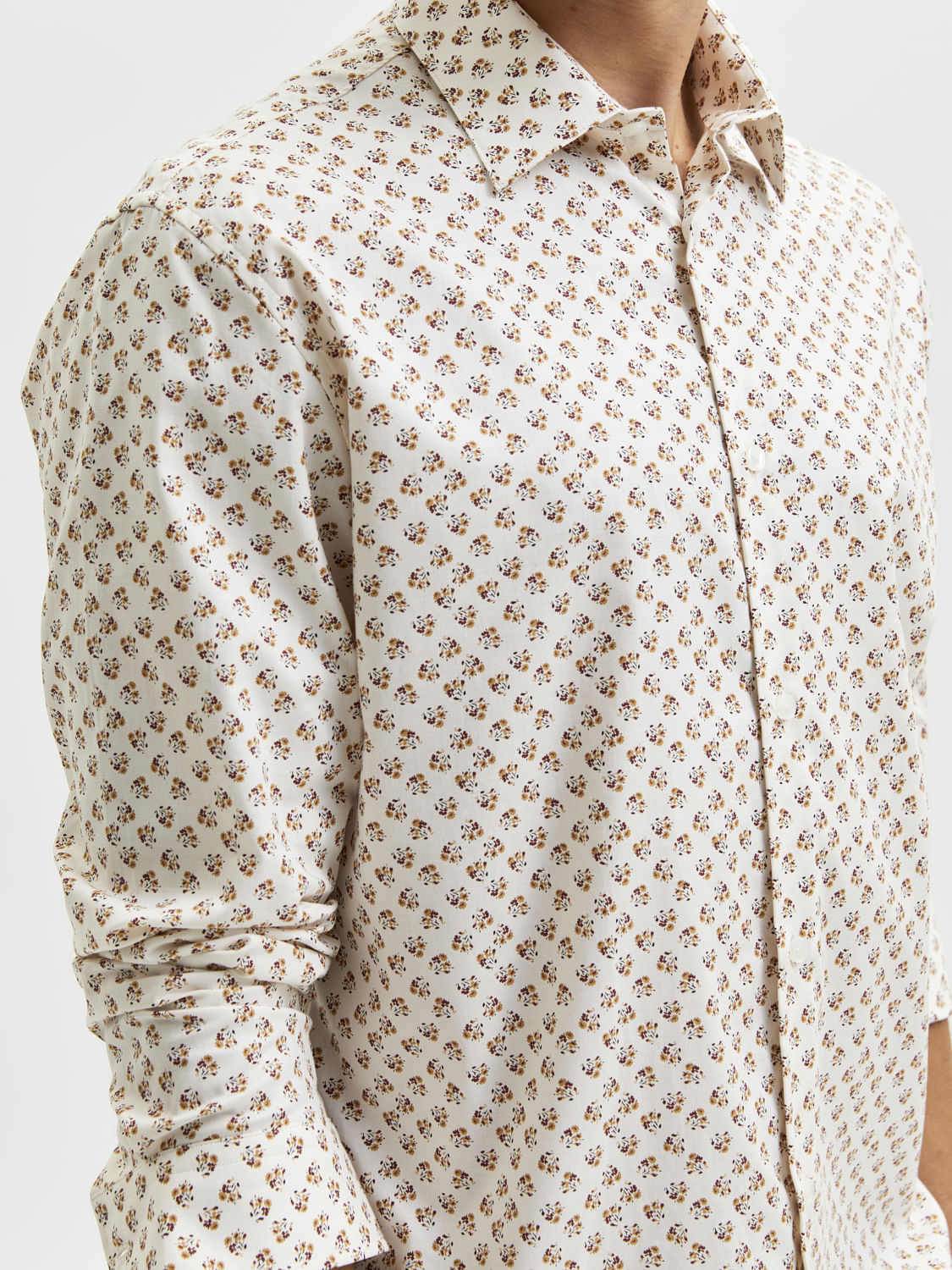 White Floral Printed Organic Cotton Full Sleeves Shirt