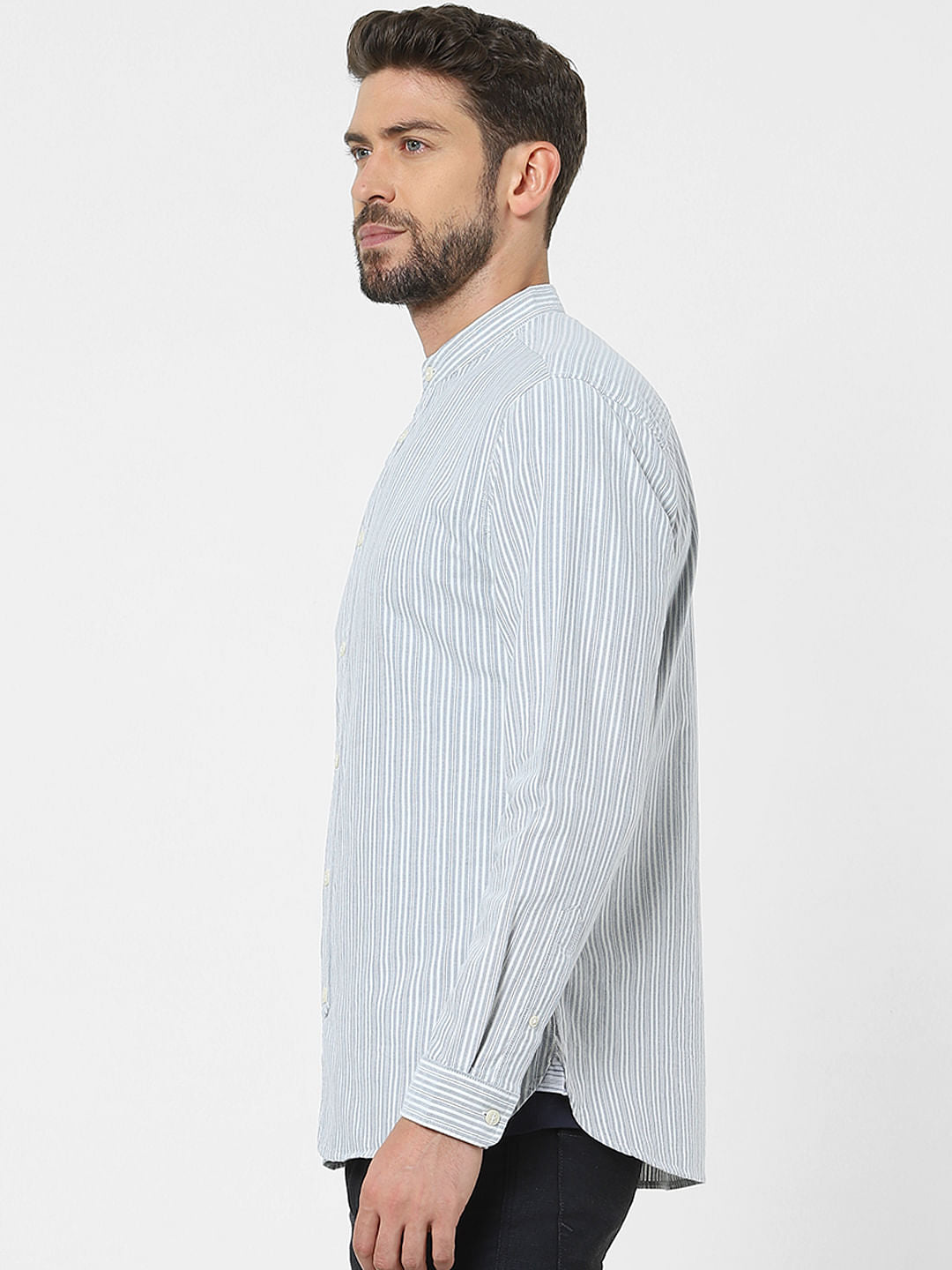Grey Striped Mandarin Collar Shirt