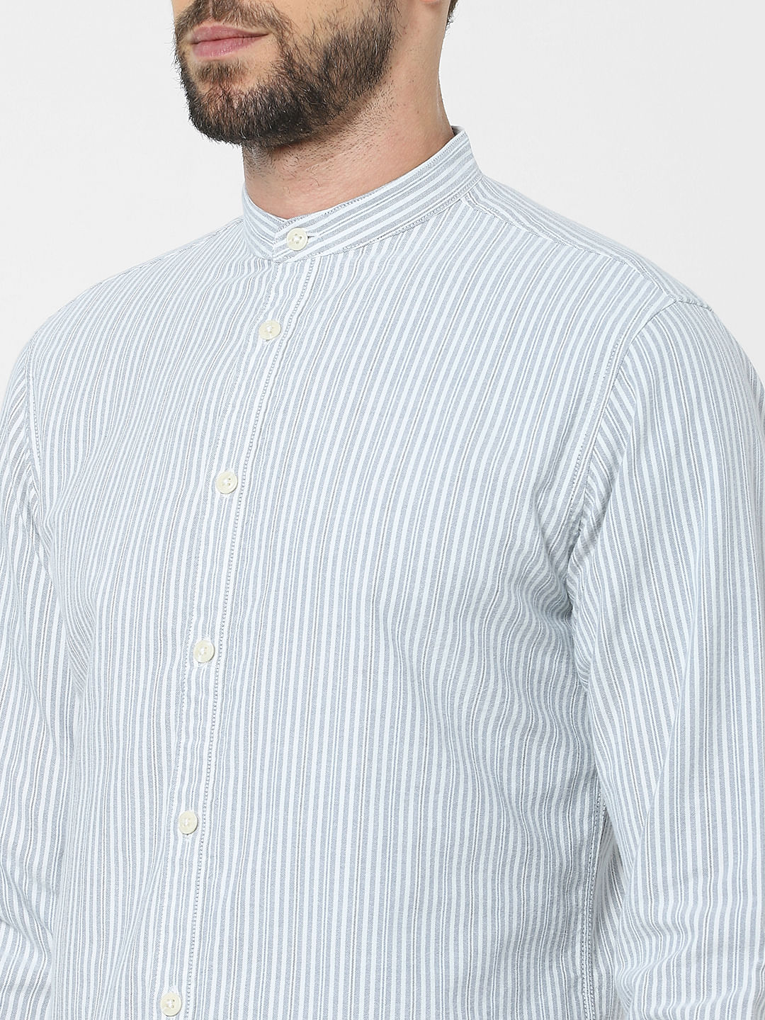 Grey Striped Mandarin Collar Shirt