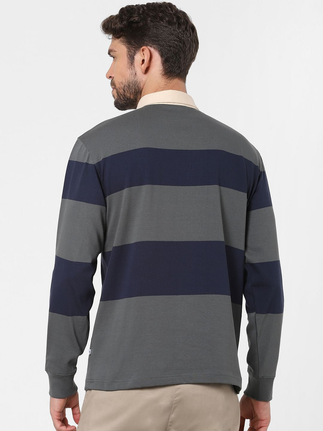 Grey Striped Polo Neck T-Shirt