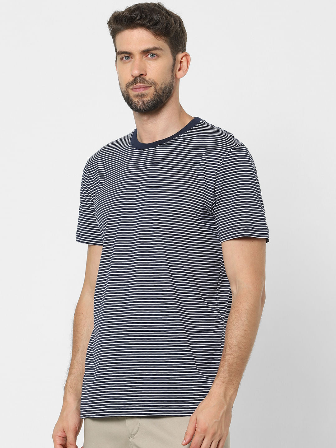 Blue Striped Organic Cotton Crew Neck T-Shirt
