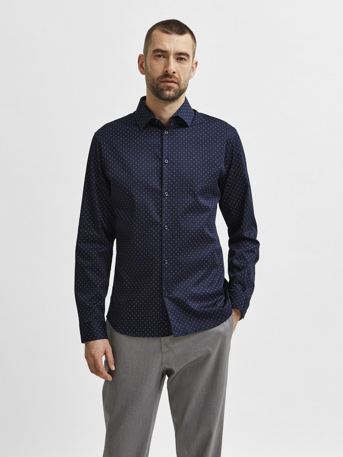 Navy Blue Printed Full Sleeves Shirt