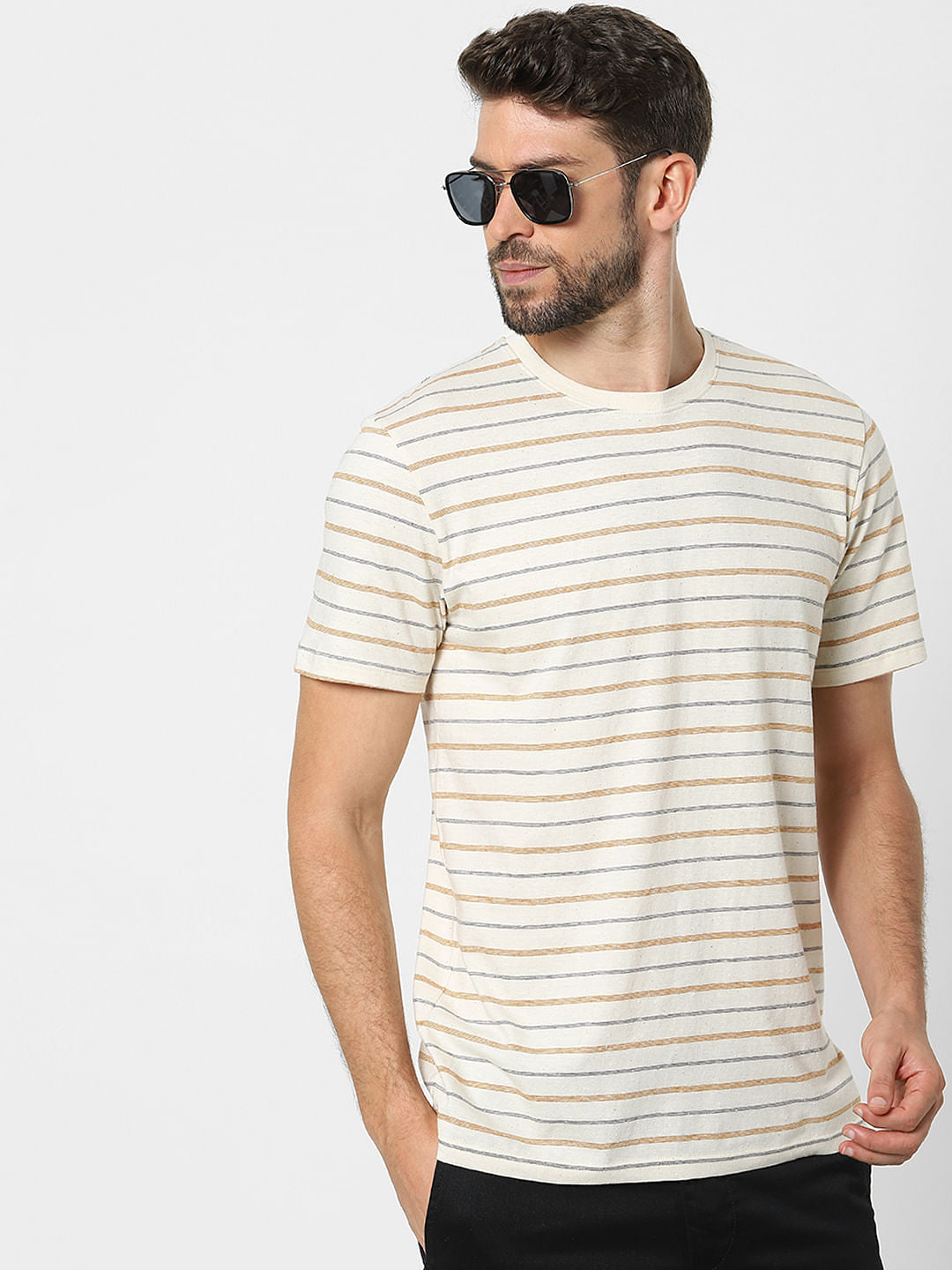 Off White Striped Organic Cotton Crew Neck T-Shirt