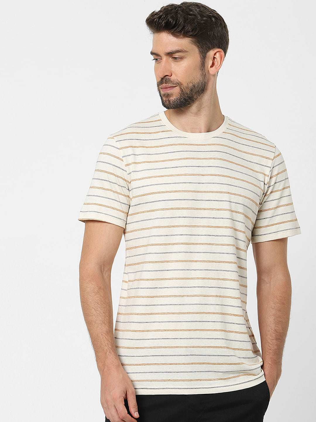 Off White Striped Organic Cotton Crew Neck T-Shirt