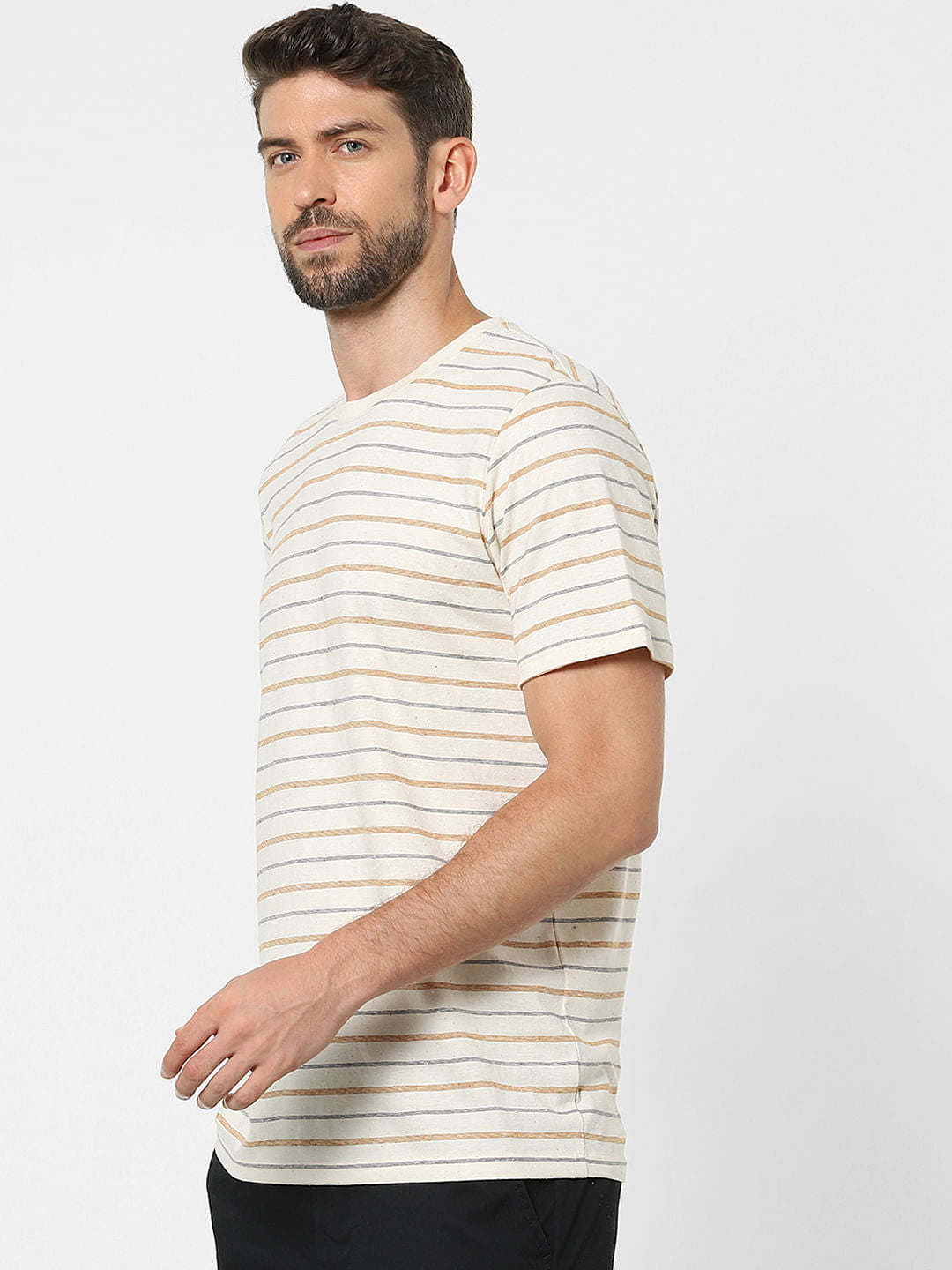 Off White Striped Organic Cotton Crew Neck T-Shirt