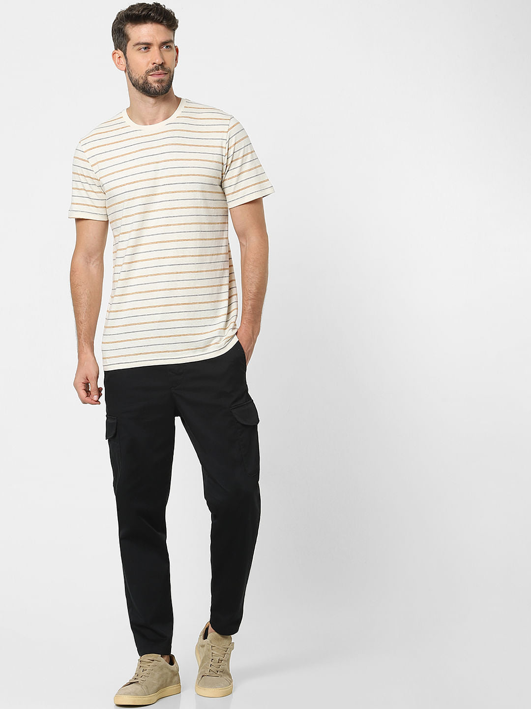 Off White Striped Organic Cotton Crew Neck T-Shirt