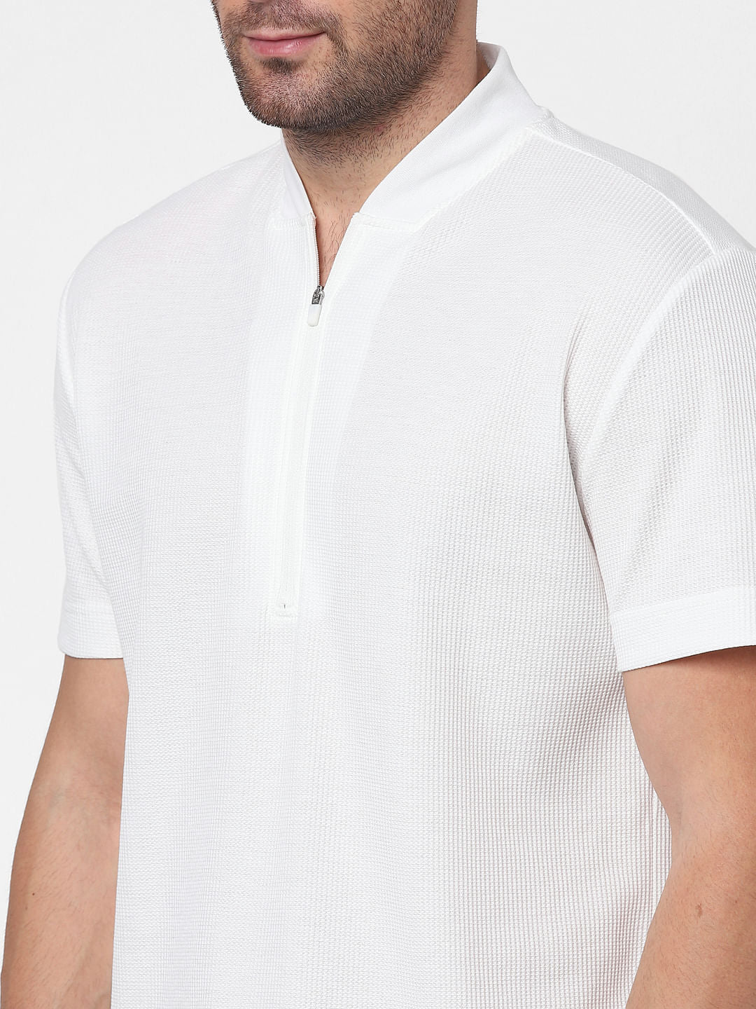 White Knit Polo Neck T-Shirt