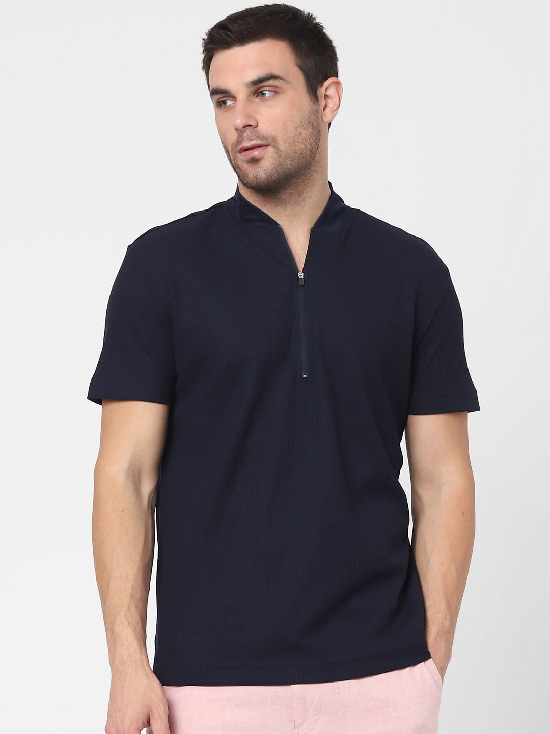 Blue Knit Polo Neck T-Shirt