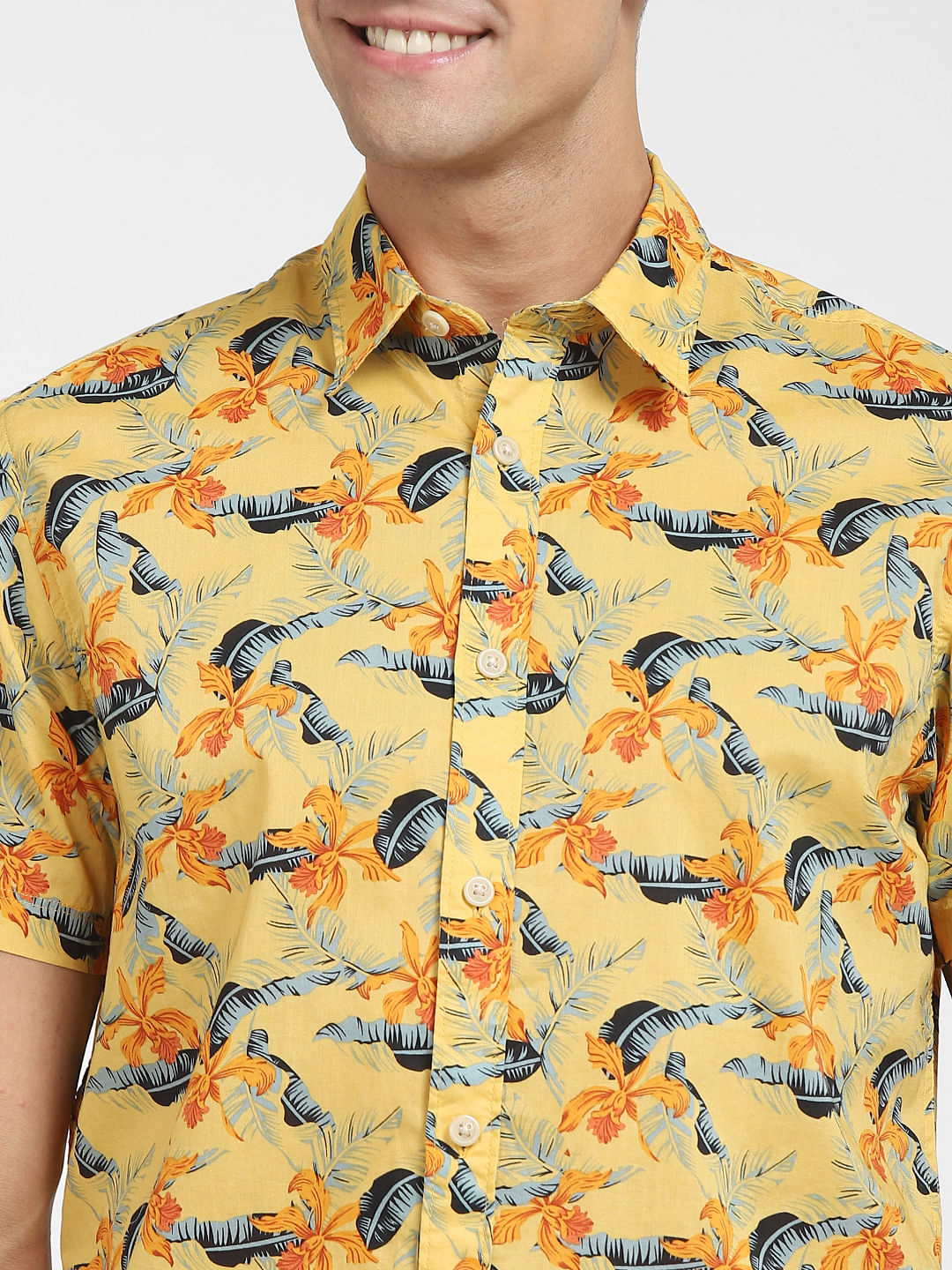 Yellow Tropical Print Short Sleeves Shirt