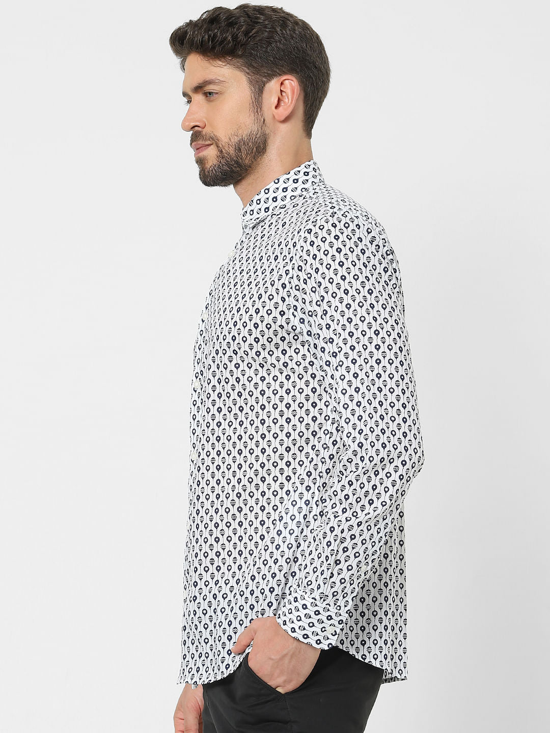 White Printed Organic Cotton Full Sleeves Shirt