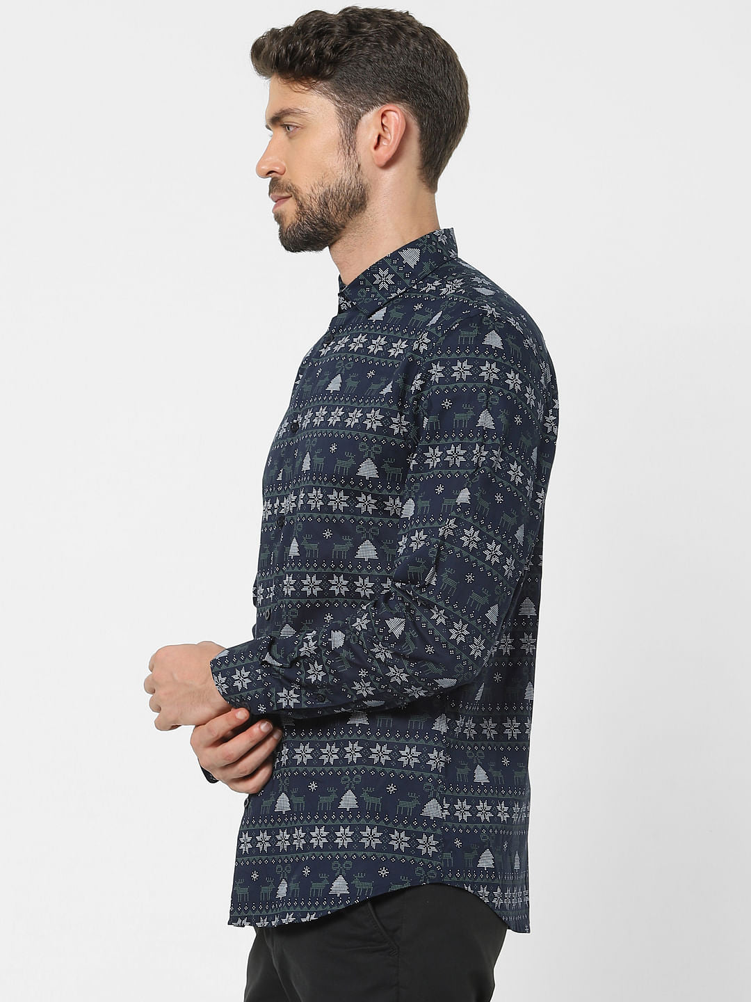 Blue Printed Organic Cotton Full Sleeves Shirt