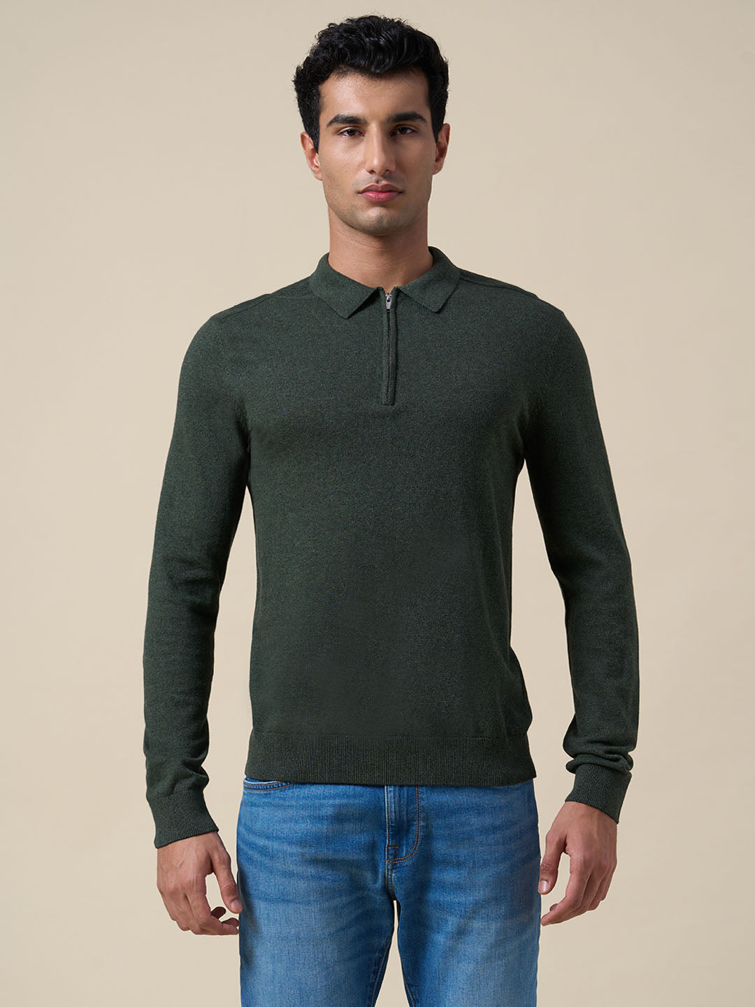 Dark Green Knitted Half-Zip Polo