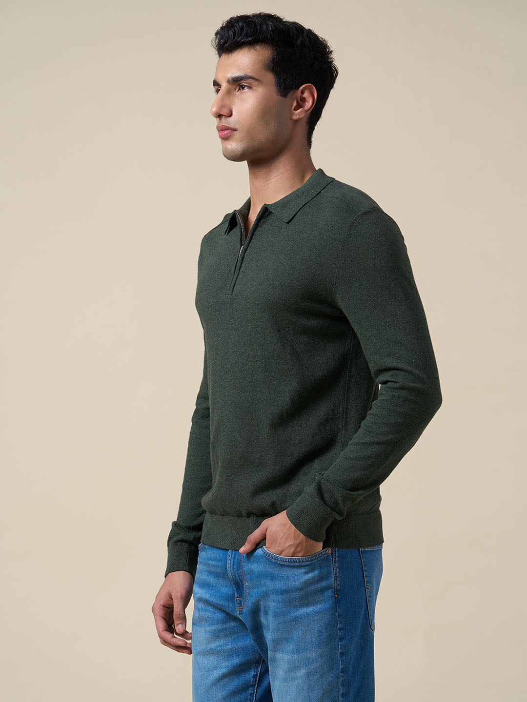 Dark Green Knitted Half-Zip Polo