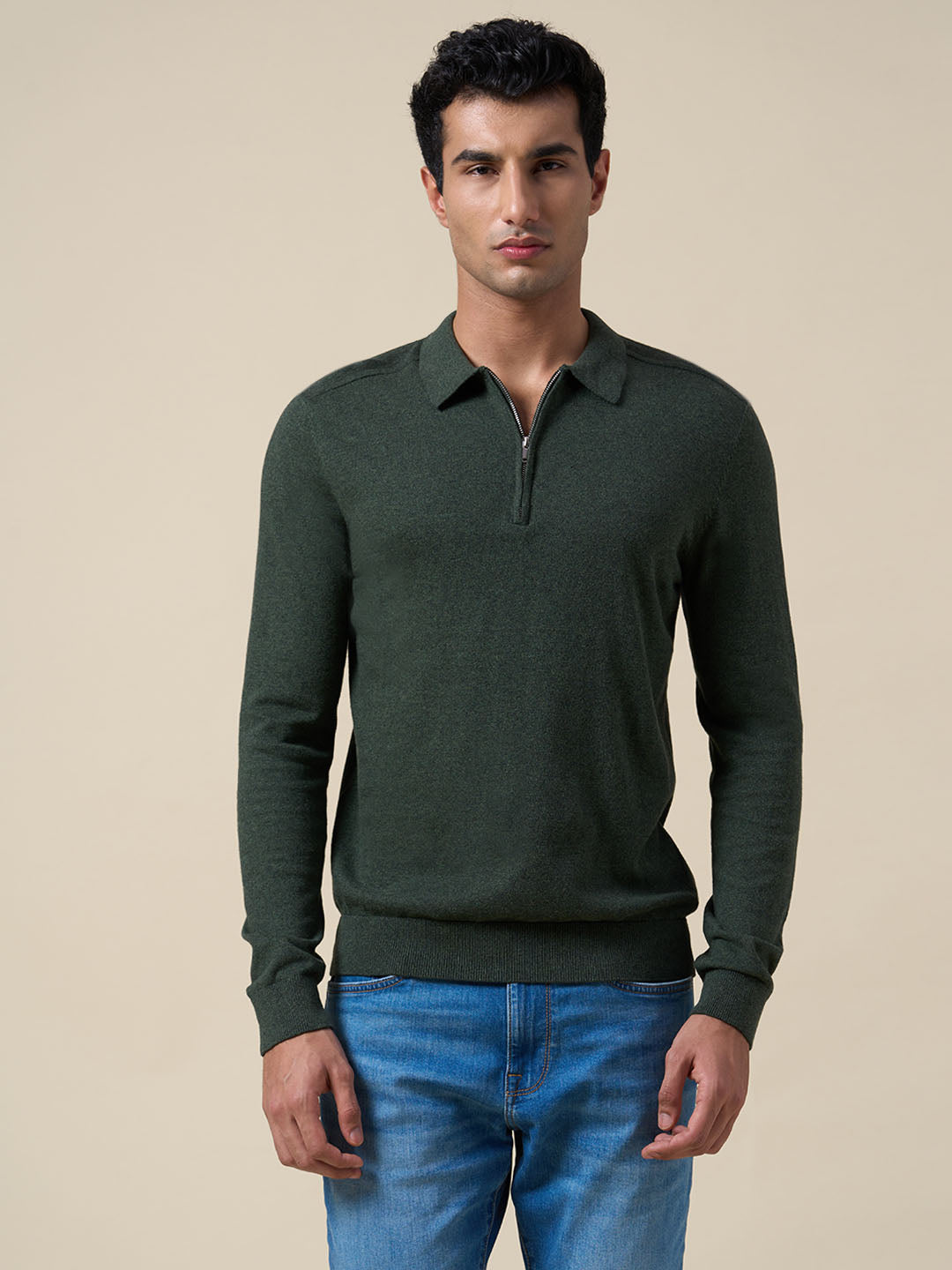 Buy Dark Green Knitted Half-Zip Polo for Men Online