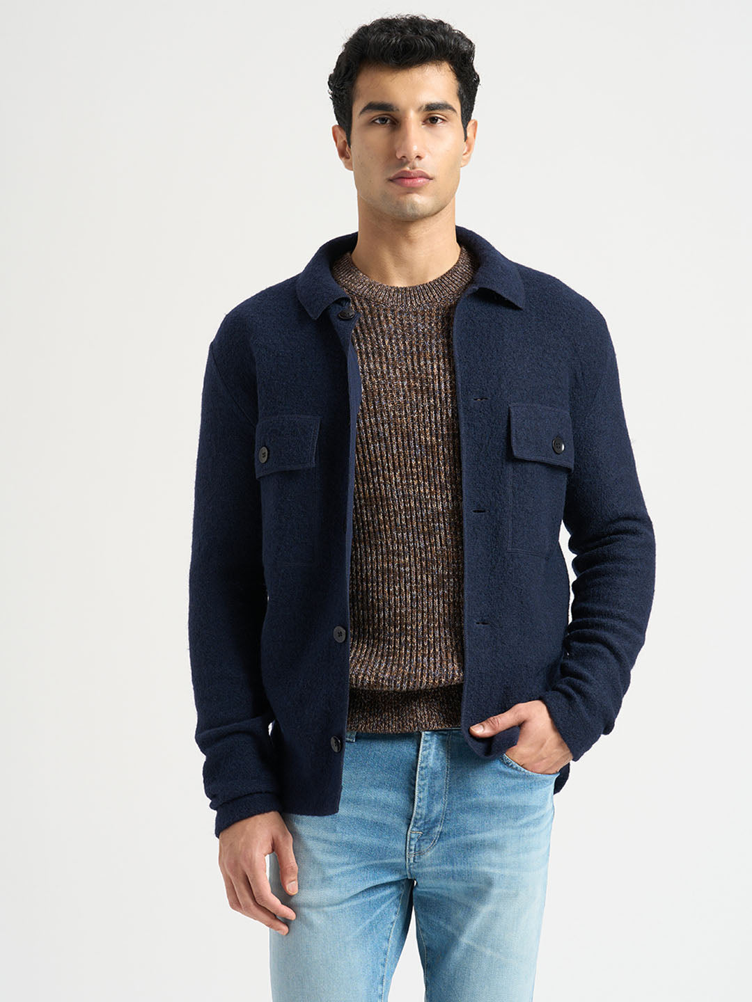 Dark Blue Wool Workwear Cardigan