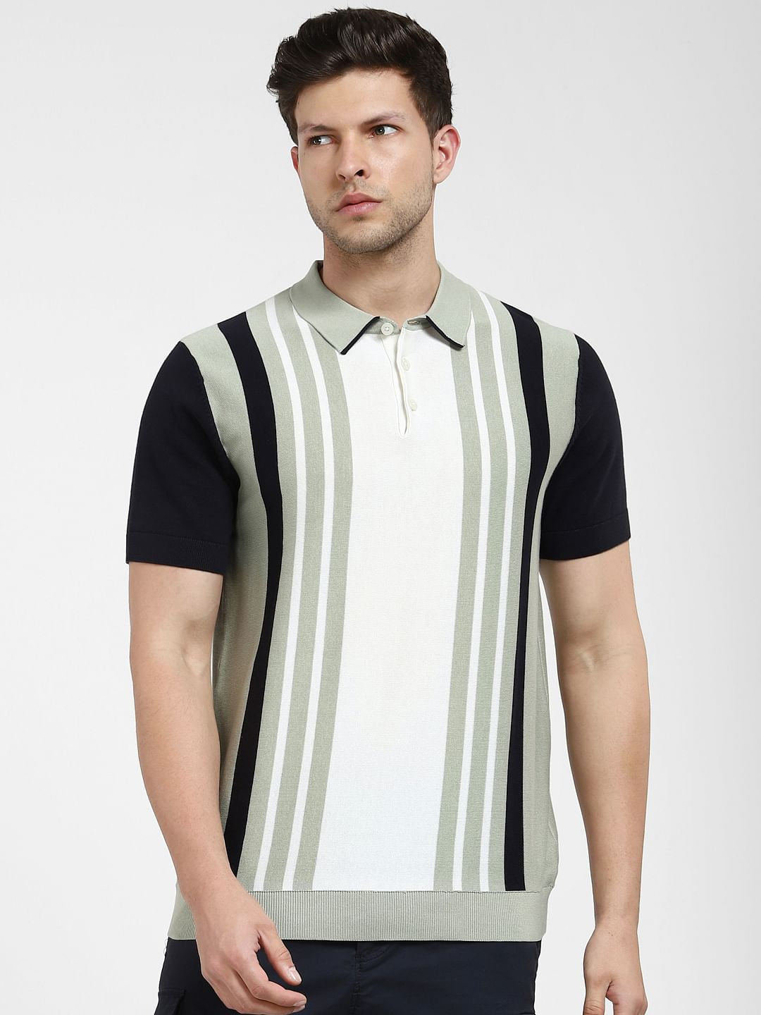 Grey Striped Knit Polo T-shirt