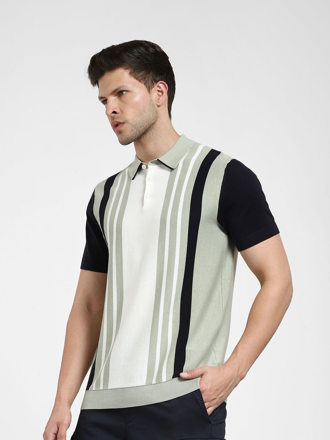 Grey Striped Knit Polo T-shirt