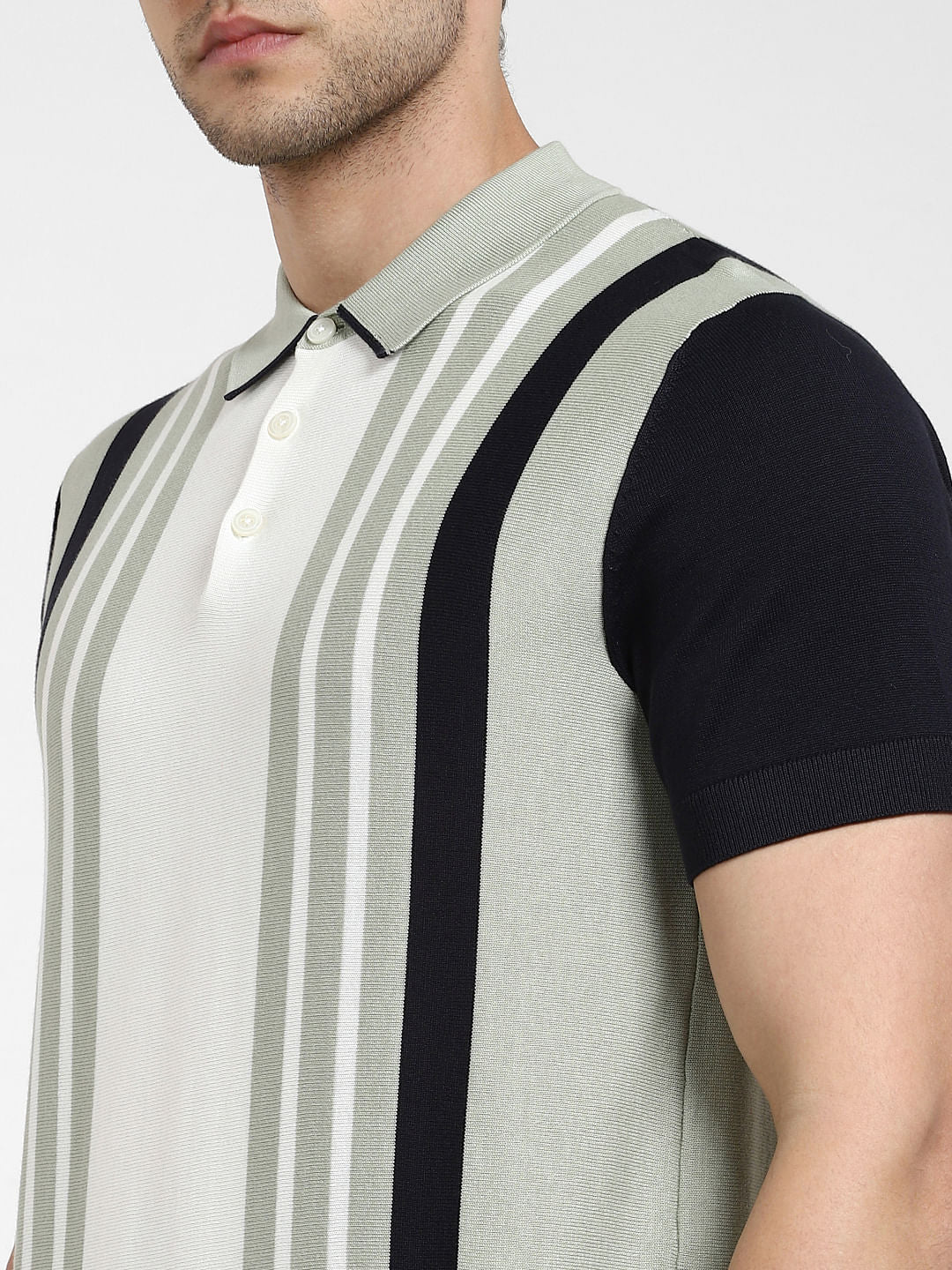 Grey Striped Knit Polo T-shirt