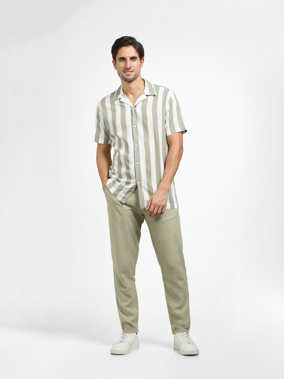 White Striped Cuban Collar Short Sleeves Shirt