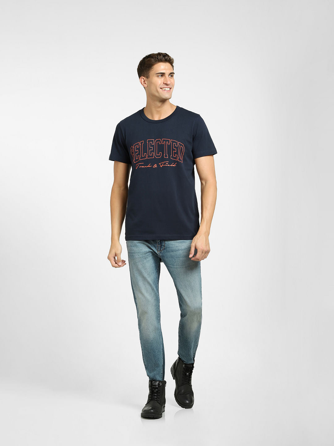 Blue Logo Print Crew Neck T-Shirt