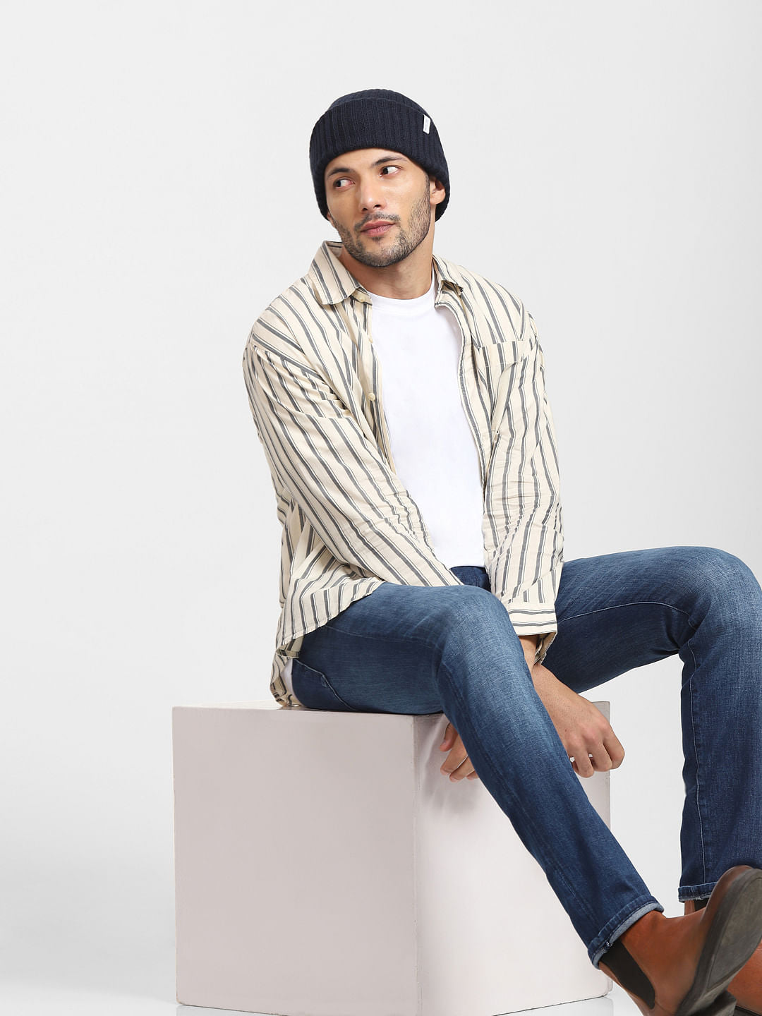 Cream Striped Full Sleeves Shirt